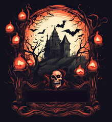 Halloween background illustration - mystery house,  lanterns, creepy bats and dead skull in horror night. Dark scary tree, spooky design