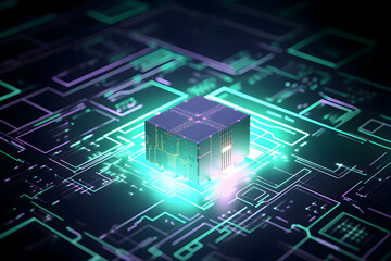 Data storage cube between neon pathways. Quantum computing, database, cloud computing concept.