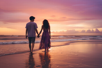 Happy couple together with lovely moment at beach golden hour.