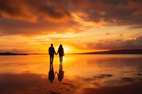 Happy couple together with lovely moment at beach golden hour.