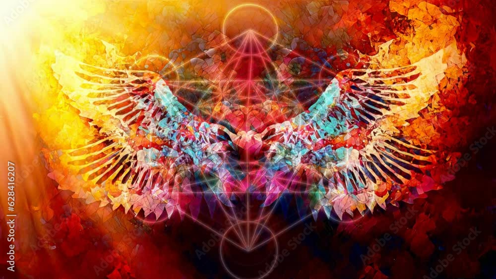 Poster Merkaba and wing on abstract color background. Sacred geometry. Loop Animation.