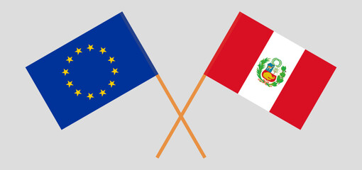 Crossed flags of the European Union and Peru. Official colors. Correct proportion