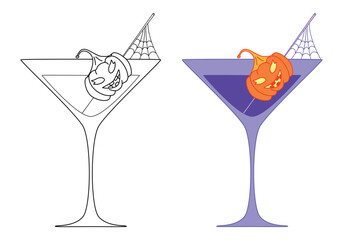 Halloween  cocktail icon with wicked pumpkin and spider web isolated on white background. Outline and flat icon for Halloween party,  restaurant menu, night club flyer or other. Vector illustration.
