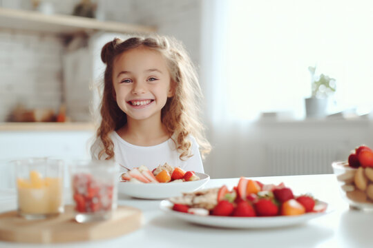 Happy smile kid at table in kitchen with healthy breakfast in morning.