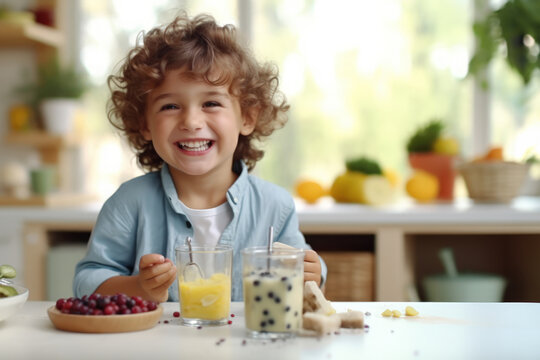 Happy smile kid at table in kitchen with healthy breakfast in morning.