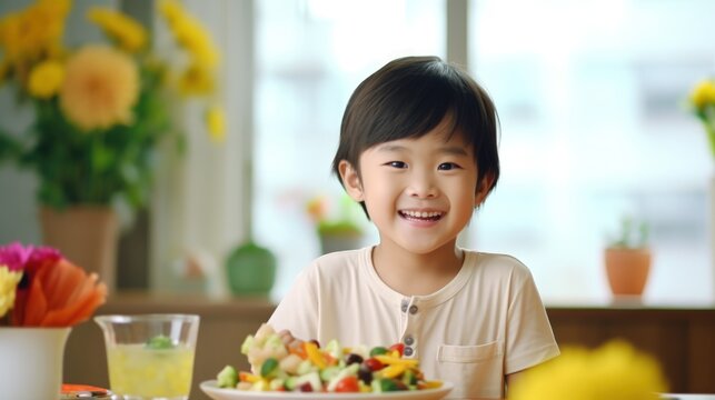 Happy smile kid at table in kitchen with healthy breakfast in morning.