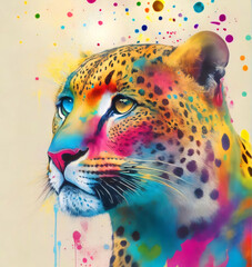 Colorful leopard portrait, inksplash, watercolor art.