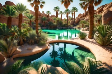 A lush desert oasis, with palm trees and a freshwater spring amidst the arid landscape