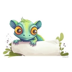 Cute Cartoon chameleon Banner with space for copy white background generative AI