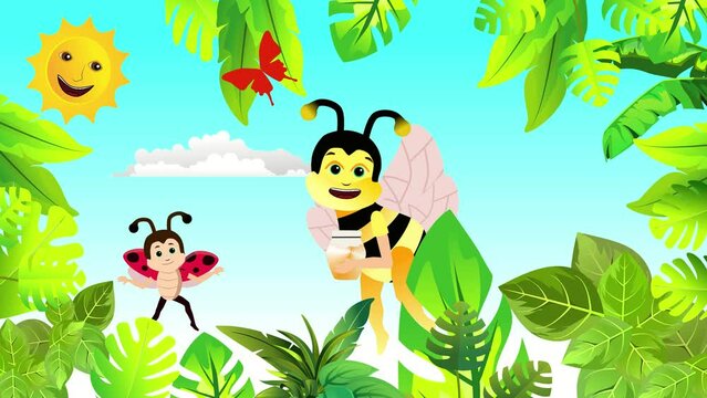 Cute cartoon bee and ladybug flies above the flowers animation