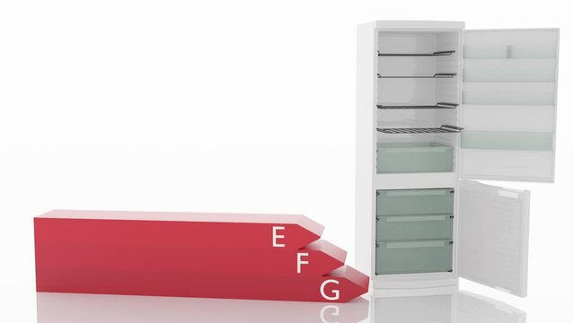 Filmato. Illustrazione 3D. Elettrodomestici. Frigo affiancato con un simbolo di risparmio energetico.