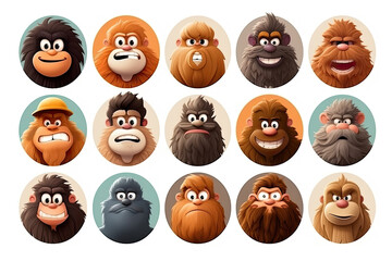 Collection of cartoon cute funny brown bigfoot avatars. Modern stylish characters of yeti  heads for profile page, social network and messaging app
