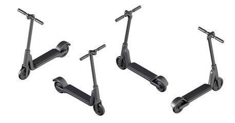 Set 3d electric scooter in different isometric view isolated on white background. Realistic render ecology modern transport. Bright illustration.