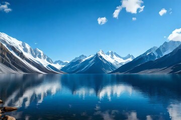 A mountain lake reflecting the snow-capped peaks and clear blue sky