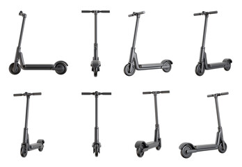 Set 3d electric scooter in different views isolated on white background. Realistic render ecology modern transport. Bright illustration.