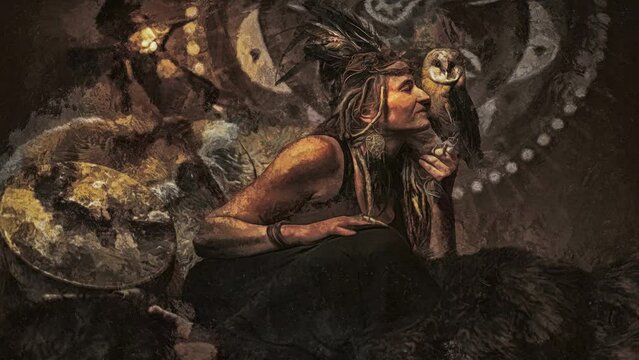 beautiful shamanic woman in the interiors. Painting effect. Loop Animation.