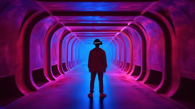 A man wearing a vr headset stands in front of a neon