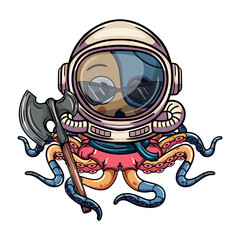 Cartoon cyborg yellow octopus character wearing astronaut space suit with war axe. Illustration for fantasy, science fiction and adventure comics
