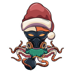 Cartoon cyborg octopus character with christmas santa claus hat, with eye mask, gas mask and with a bomb. Illustration for fantasy, science fiction and adventure comics