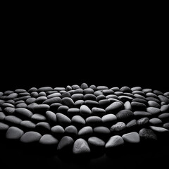 Obraz premium Gray Pebbles on Black Background with Copy Space. Zen Stones, Natural Texture, Minimalist Decor Concept.