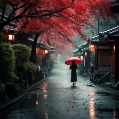 Foto op Plexiglas Landscape shot of a Japanese town during rainy season, with a person holding a red umbrella  © eli