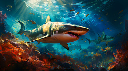 Great white shark on the reef, ocean - AI generated
