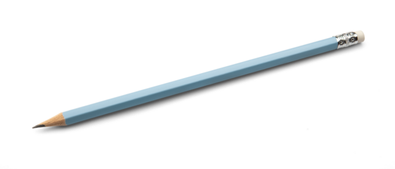 A simple pencil with a blue cover and an eraser on the end on a white background