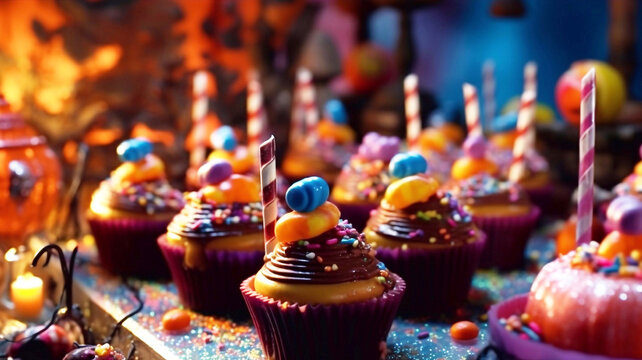 Delicious cupcakes with colorful candies and lollipops. Halloween Food