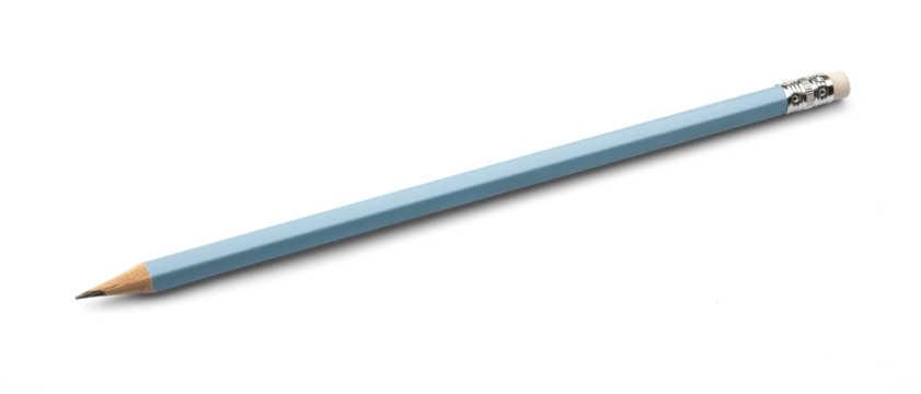 A simple pencil with a blue cover and an eraser on the end on a white background