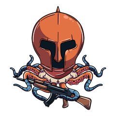 Cartoon cyborg octopus character wearing a medieval gladiator helmet with a shotgun. Illustration for fantasy, science fiction and adventure comics