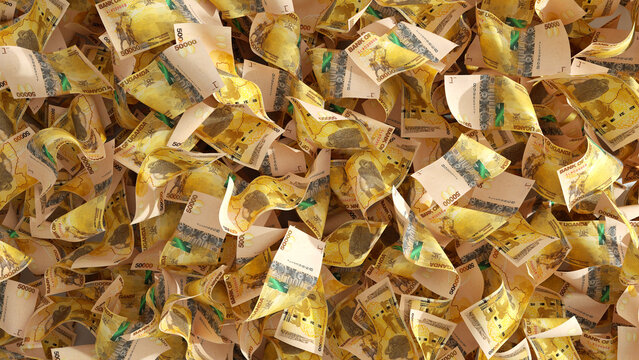 3D rendering of lots of Ugandan shilling notes spread on surface. money background