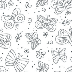 Hand drawn butterflies and flowers seamless pattern. Cute background with beautiful ink moths doodle sketch style. Print for textile, wallpaper, fabric, packaging, vector illustration