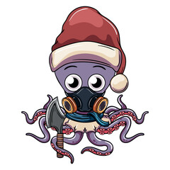 Cartoon octopus character with christmas santa claus hat and with an ax in his tentacle. Illustration for fantasy, science fiction and adventure comics