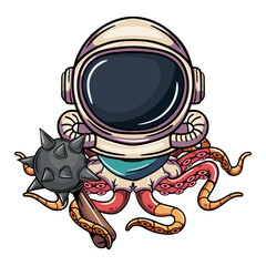Cartoon comic character octopus cyborg astronaut with space suit and a war mace. Illustration for fantasy, science fiction and adventure comics