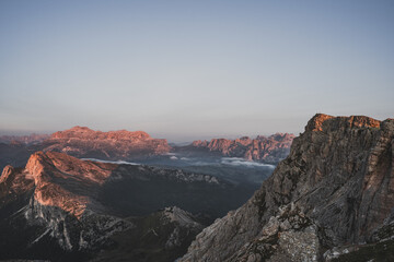 Fototapeta na wymiar Morning Landscape view on mountains of The Dolomites in Italy during sunrise