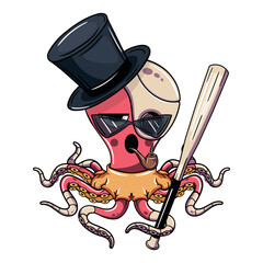 Cartoon cyborg octopus character wearing a fancy top hat smoking a pipe with a baseball bat. Illustration for fantasy, science fiction and adventure comics