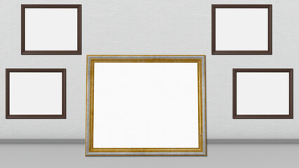 Cornici, quadri vuoti in mostra su muro bianco. Nove cornici con spazio vuoto per inserimento di testo o immagini. Ambientato in salotto. Cornici in legno, argento e oro.