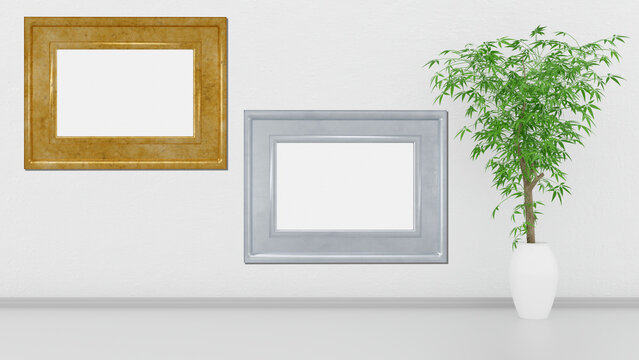 Cornici, quadri vuoti in mostra su muro bianco. Tre cornici con spazio vuoto per inserimento di testo o immagini. Cornici argento e oro.