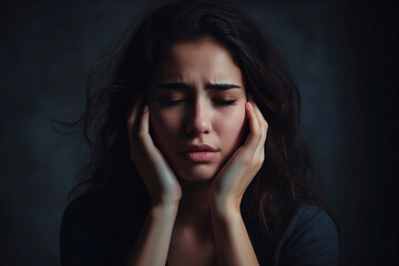 Sad tired woman touching face having headache or depression