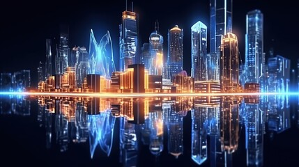 Night city neon lights of the metropolis reflection