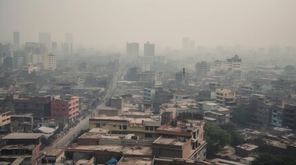 Fototapeta na wymiar Top view of a dusty or smog-filled poor city with low buildings and dense buildings