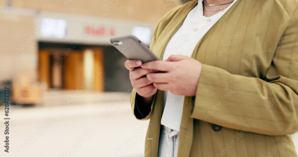 Poster Woman, hands and walking in office building with smartphone for social network, mobile website and digital contact. Closeup of worker typing on phone, reading business notification and app in lobby