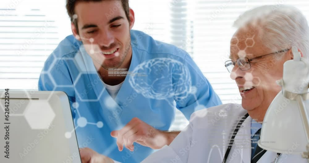 Poster animation of scientific data processing over caucasian male doctors using computer