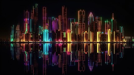 Fototapeta na wymiar Night city neon lights of the metropolis reflection