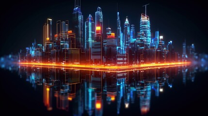 Fototapeta na wymiar Night city neon lights of the metropolis reflection