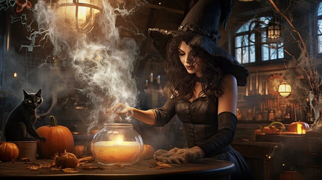 Mysterious female witch crafting Halloween potion in mystical cafe setting. Dark and magical vibes.