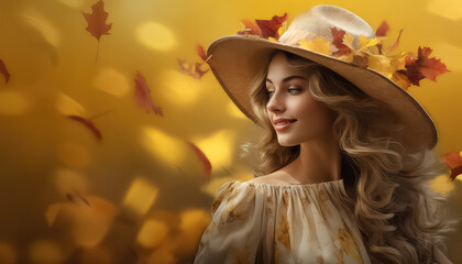 portrait of attractive stylish woman with black hat and autumn leaves