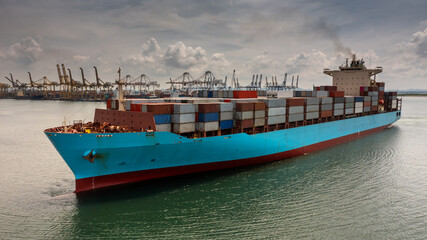 Fototapeta premium Container ship cargo freight shipping maritime, Global business nautical logistic import export commercial logistic and transportation worldwide international by container ship, Cargo freight ship.