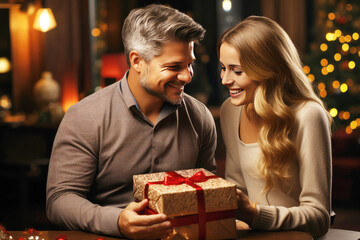 On Christmas Eve, a man and a woman give each other gifts - obrazy, fototapety, plakaty