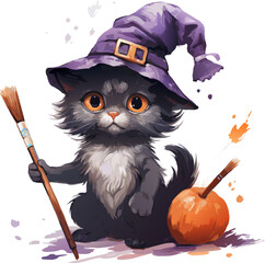 vector cute grey halloween cat. watercolor vector smiling pumpkin and grey cat. halloween cat with brush and pumpkins on white background.